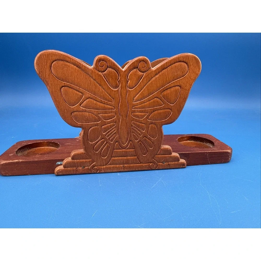 Vintage MCM Wooden Butterfly Napkin and Salt & Pepper Shaker Holder No Shakers